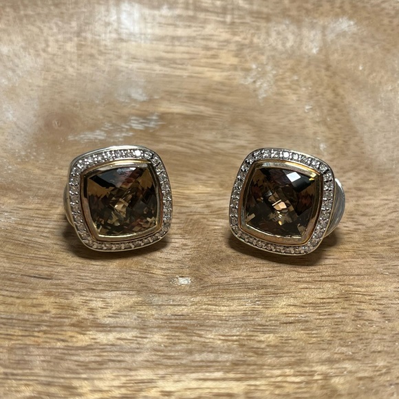 David Yurman 18k Gold & 925 Sterling Silver Smoky Quartz & Diamond Earrings - Picture 1 of 16